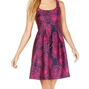 Pappagallo Navy Pink Orchid Floral Jacquard Fit & Flare Dress | Size 12